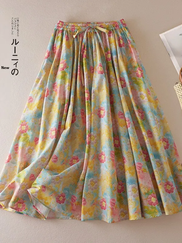 

Художественная винтажная хлопковая юбка-миди трапециевидной формы с цветочным принтом, женские юбки f-длины, боди для поездок на работу, весенний сезон