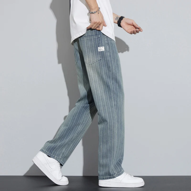 الرجعية MenLoose صالح مستقيم الساق الجينز السراويل الربيع/Summe خمر الشارع الشهير نمط متعدد الوظائف عادية مخطط سراويل جينز