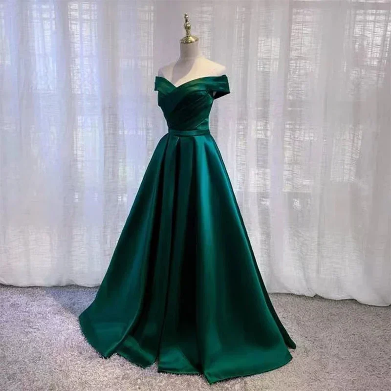 Evening Dress Simple Dark Green Off the Shoulder Pleat Lace up A-line Floor Length Plus size Women Party Formal Gown Customized