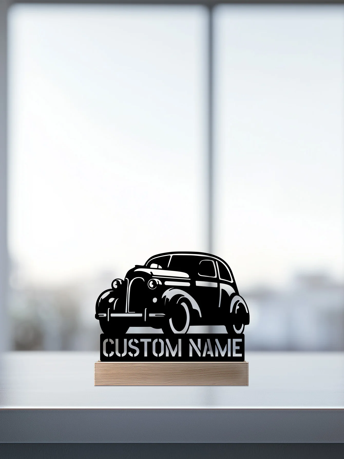 1 st Eenvoudige sedan Aangepaste Naam Metalen Standbeeld Met Houten Basis Metalen Standbeeld Ijzer Ornament Tin Sculptuur Kunst Ambachten Met Houten Basis