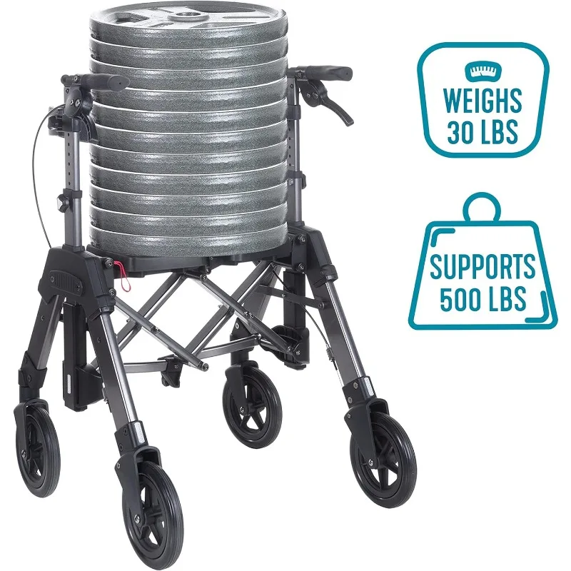 Heavy Duty Folding 4-Wheel Rolling Walker with Extra Wide Seat and Large 8-inch Wheels for Seniors and Elderly