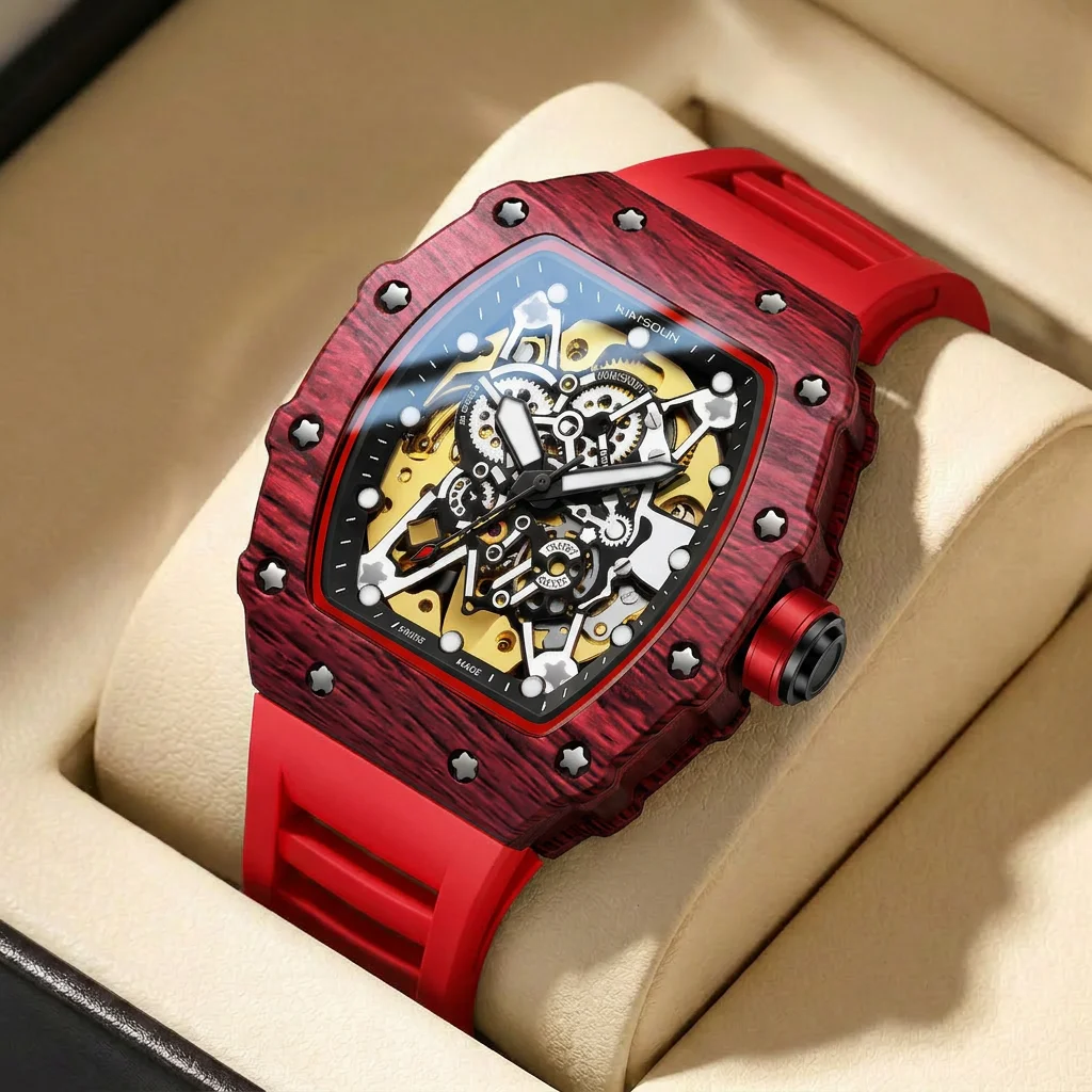 

1pcs Men's red dial silicone strap vintage fashion skeleton gear luxury details Mechanical Watch for business party holiday