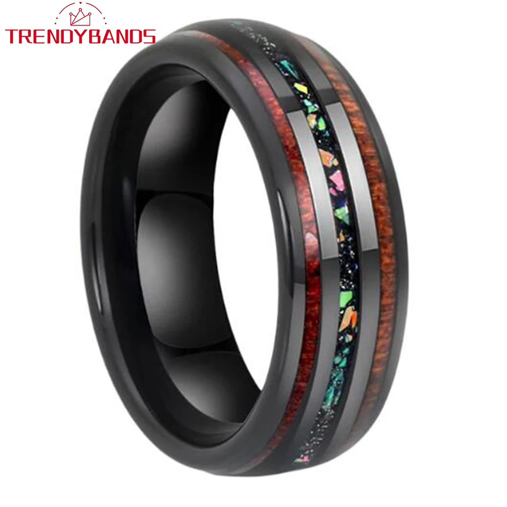 

8mm Tungsten Carbide Rings Wedding Band For Men Women Koa Wood Galaxy Opal Inlay Domed Comfort Fit