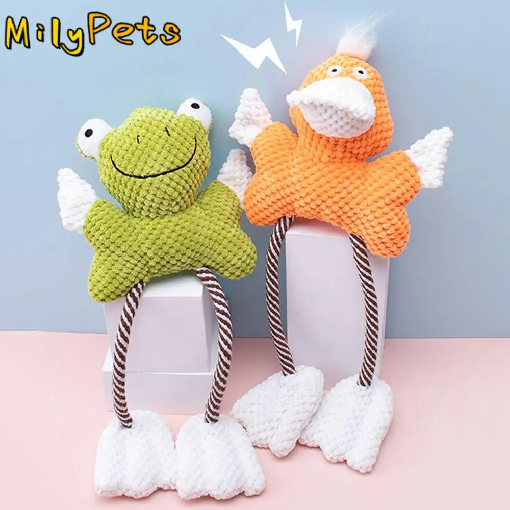 

Bite-Proof Squeaky Plush Dog Toys Cleaning Teeth Interactive Dog Chewing Rope Toy Cartoon Duck/Frog Shape Fun Sound