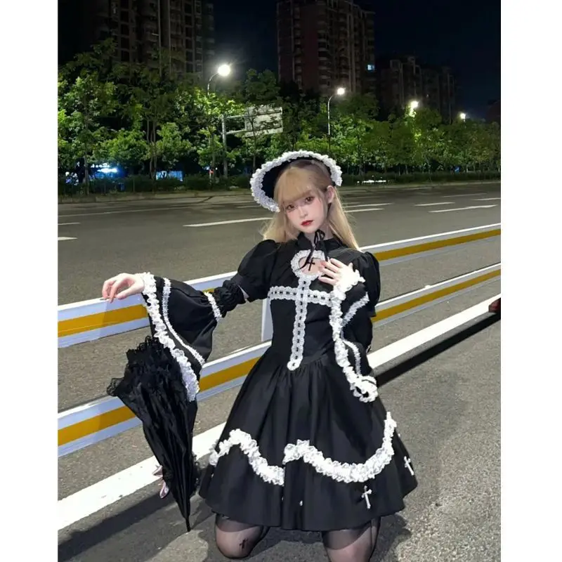 Japanese Black Gothic Lolita Dress Women Kawaii Preppy Style Lace Ruffles Hollow Midi Dresses Female All-Match Y2k Cute Dress