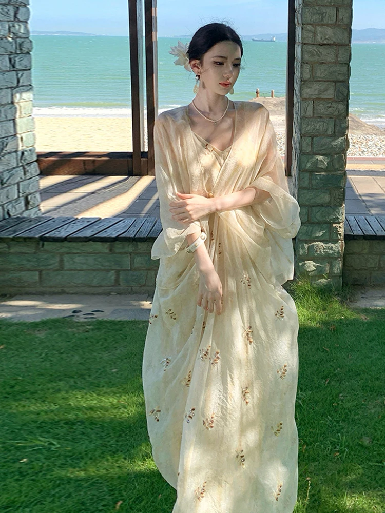 V-Neck Embroidered Strap Dress Thin Cover up Set Trendy Bead Dark Pattern Heavy Work Holiday Style Women's Fashion Set