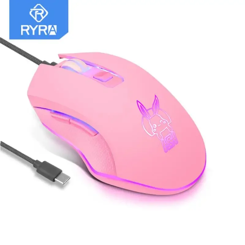 RYRA USB Type-C Wired Mouse Colorful Glowing Gaming Mouse New Pink Cute Kaqiu Mouse Optical Mouse Dazzling Gamer Pink Cute Mouse