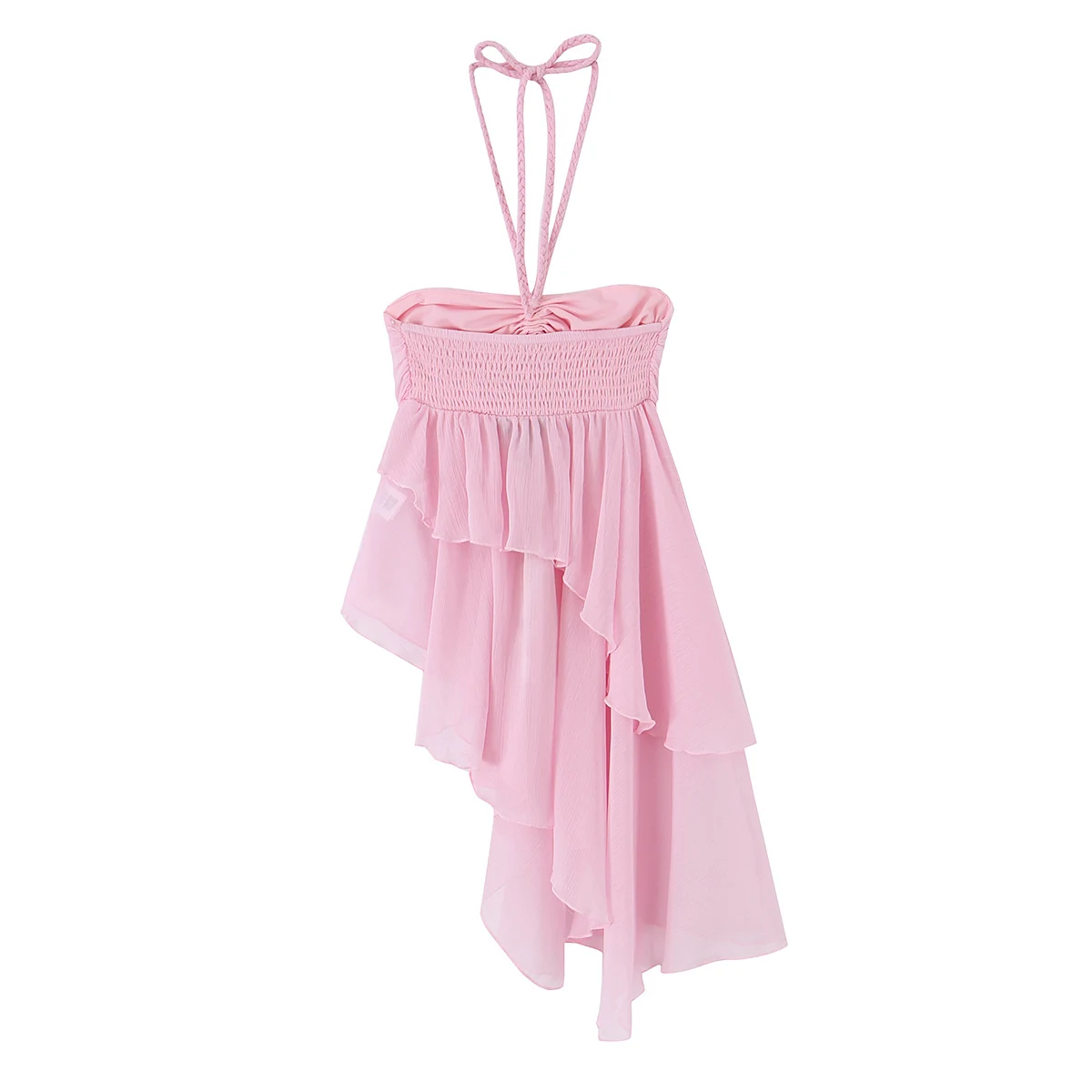 BSAY Women's Pink Sweet Hanging Neck Top with Asymmetric Ruffle Edge Sleeveless Back Strap and Fluffy Waist Style Spicy Girl Top