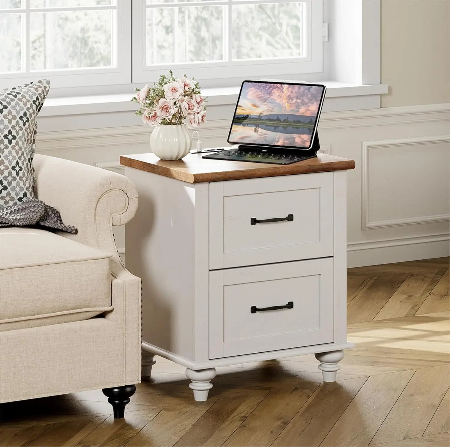 White Side Table Nightstand with Charging Station, Wooden End Table with 2 Drawers for Living Room, Mid Century Night Stand Mode