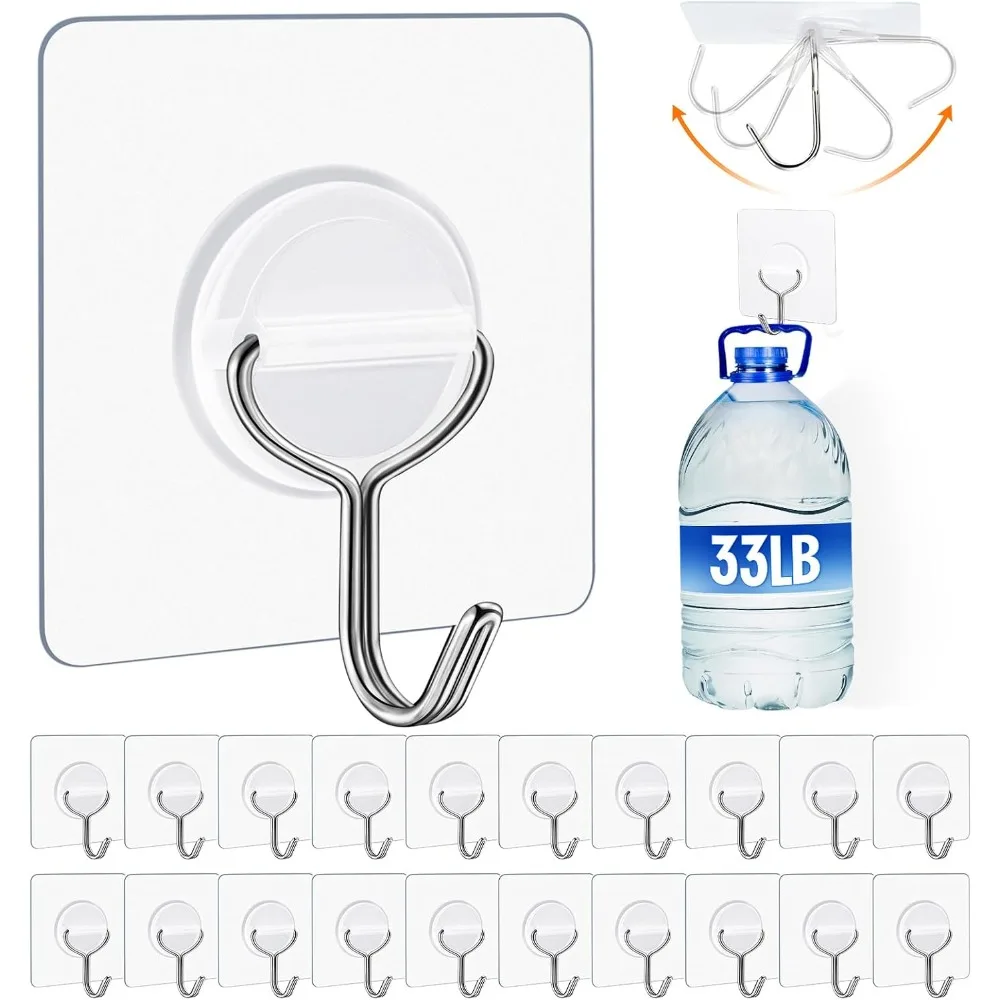 Heavy Duty Adhesive Wall Hooks 33lb Waterproof Rustproof Transparent Self Adhesive Hooks for Bathroom Kitchen Outdoor Home Improvement 24 Pack