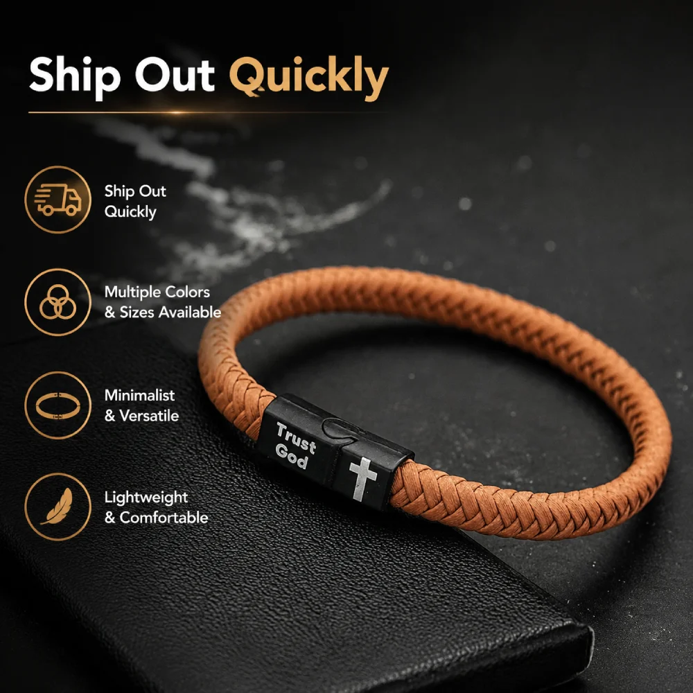 Men Braided Leather Bracelet Engraved Trust God Cross Magnetic Buckle Wristband Christian Religious Faith Inspirational Jewelry
