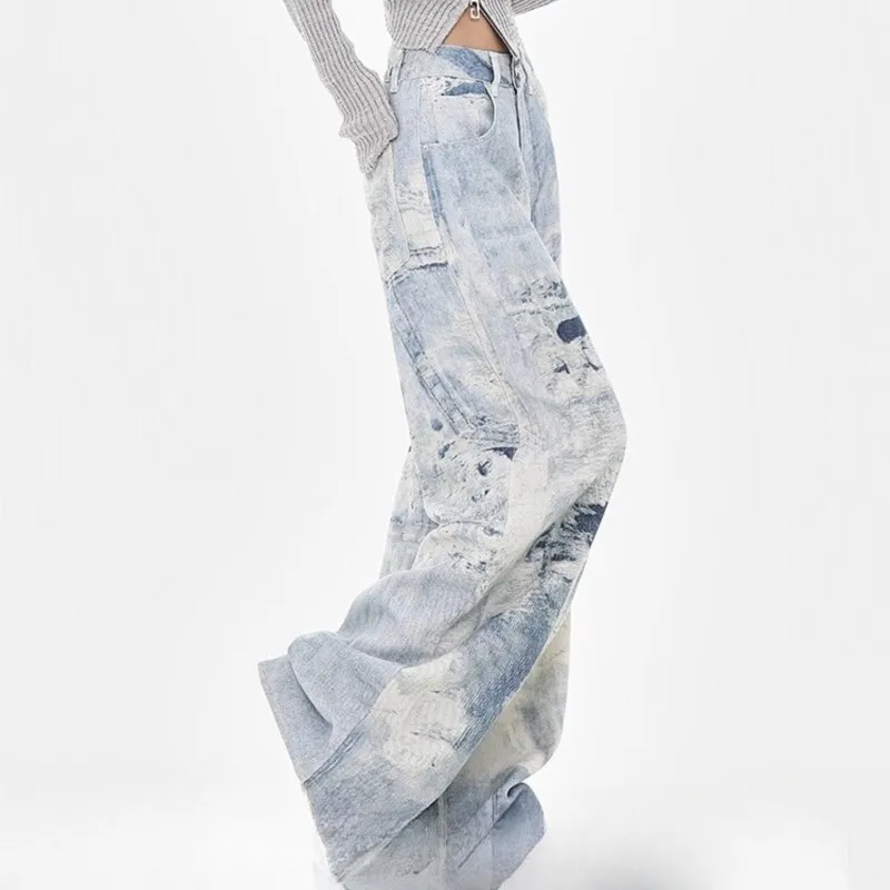 

High Waist Jeans Women Wide Leg Denim Pants Y2K Style Tie Dye Retro Baggy Trousers Streetwear Fashion Blue