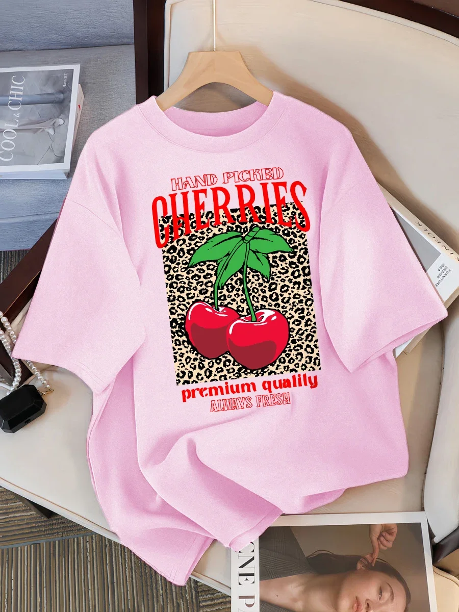Hand Picked Cherries Always Fresh Printing T-Shirt Women Crewneck Harajuku Short Sleeve Casual Clothing Street Aesthetic Clothes