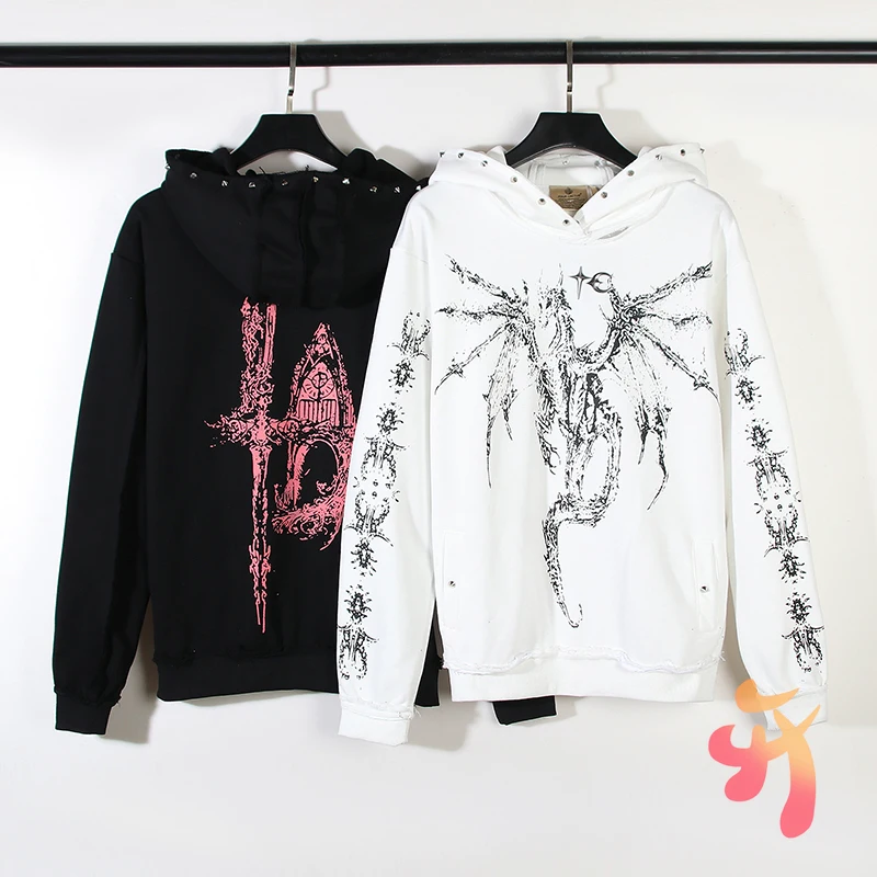 

Asian Code Nail Bead Hood THUG CLUB Sweatshirts Hiphop Street Men Women Retro Metal Star Moon Graffiti Print Hoodies