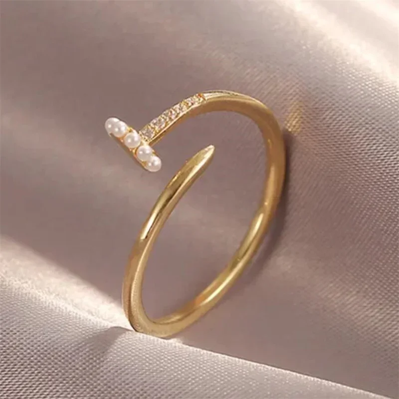 Geometric Simple Pearls Gold Color Hoop Ring For Women Opening Adjustable Ring Wedding Engagement Rings Gift Custom Jewelry