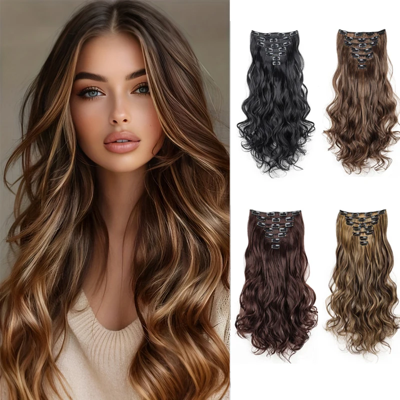 

18 дюймов синтетические наращивания 16 зажимов светлые волосы натуральные длинные волнистые 7 шт./компл. термостойкое волокно шиньон черно-коричневая прическа