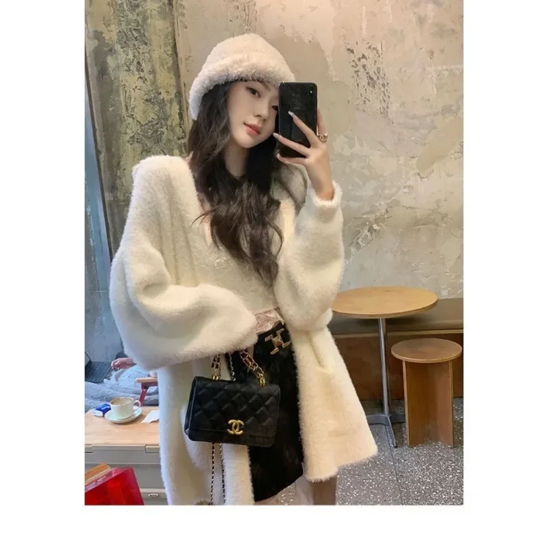 Hooded Mink Fleece Knitted Cardigan 2024 Autumn New Women's Mid-length Lazy Sweater Elegant Elegant Jacket