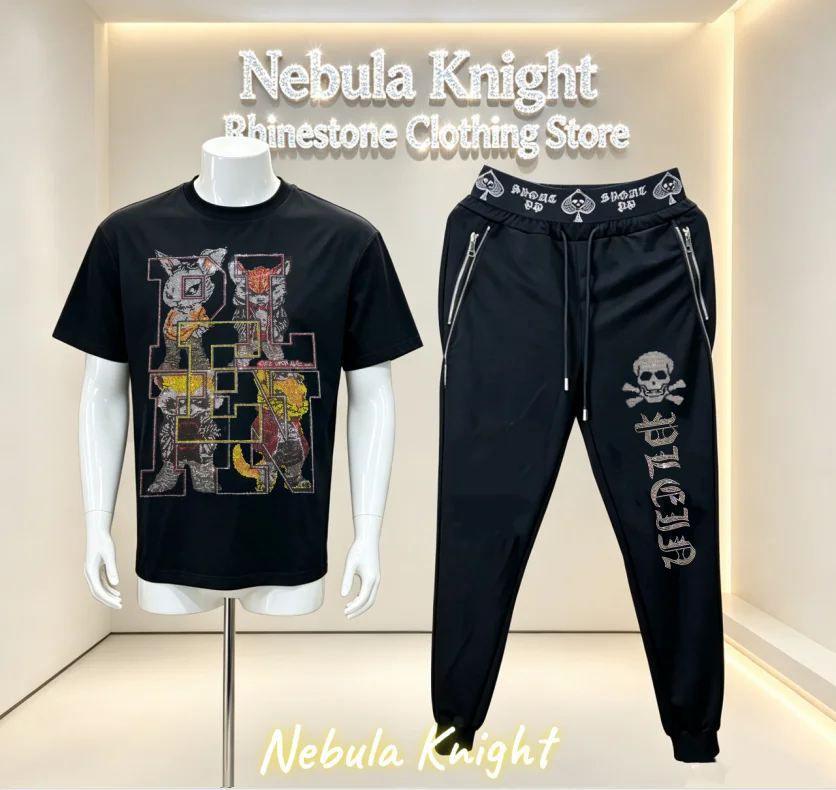 Men's 2 Piece Tracksuit Set Luxury Rhinestone Designer Outfit with Stitching Pullover Jogger Pants for Urban Streetwear Daily Ca