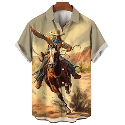 Vintage Western Cowboy 3D Printed Men Shirt Man/Women Fashion Short Sleeves Shirts Lapel Button Tops Oversized Unisex Clothing