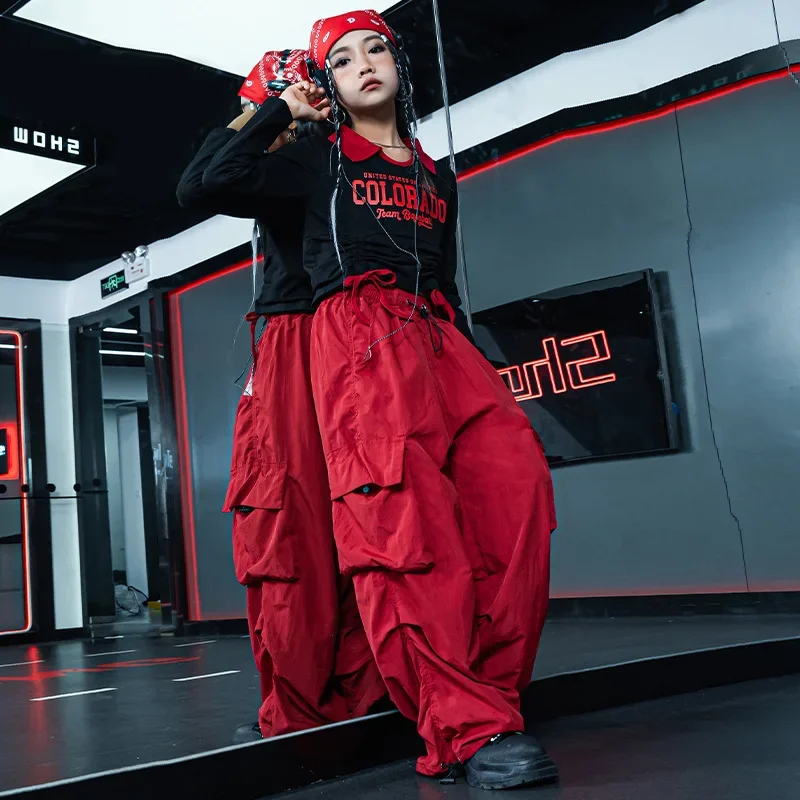 Hip-hop Rehearsal Clothes Spring and Autumn Black Long-sleeved Red Phat Trousers Suit Children's Korean Jazz Dance Clothes