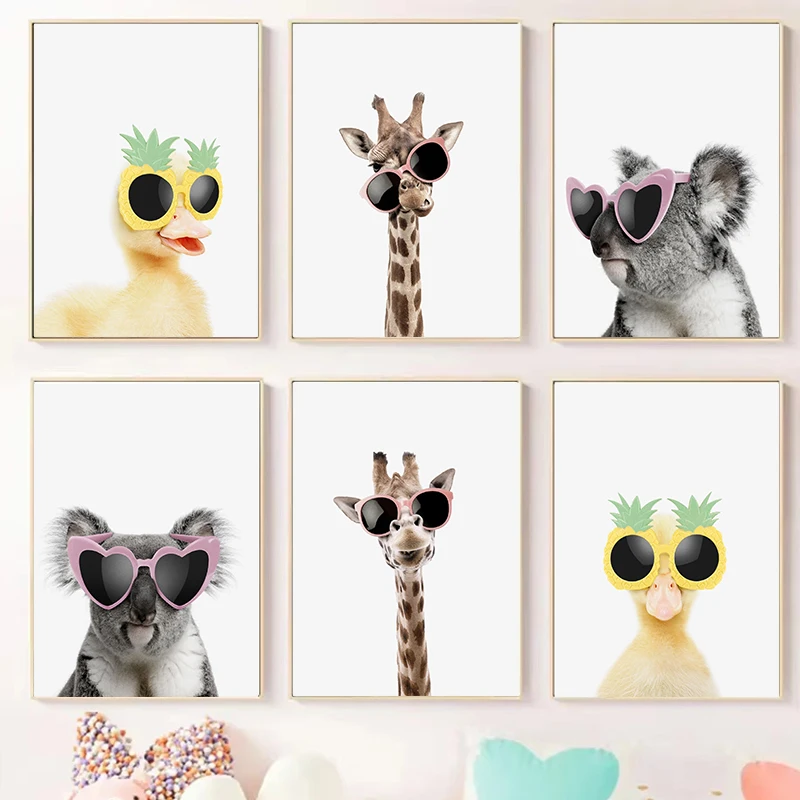 Funny Orangutan Koala Giraffe Duck with Sunglasses Poster Cute Animals Canvas Painting Wall Art Picture for Nursery Home Deco