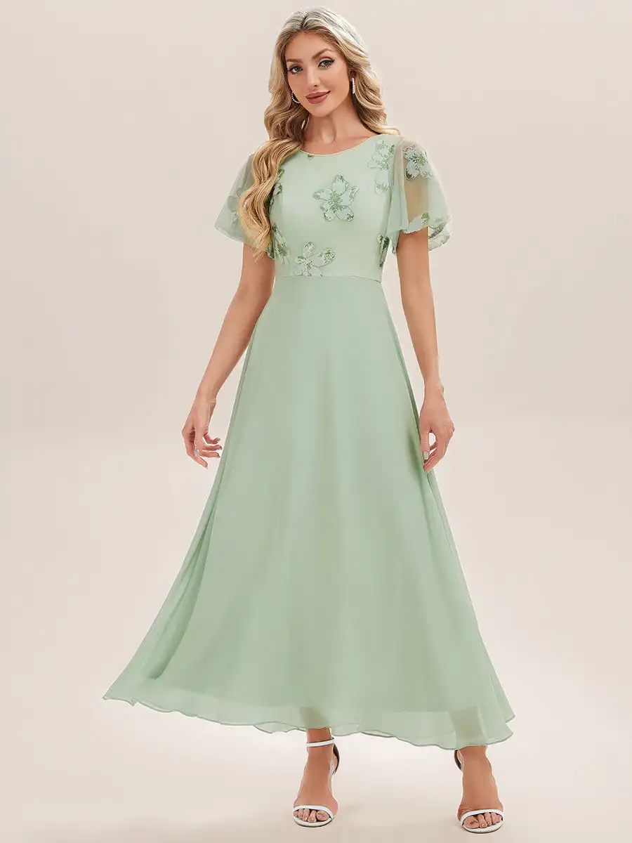 

BAZIIINGAAA Party Dress Ruffle sleeves round neck sequined chiffon slim fit evening dress