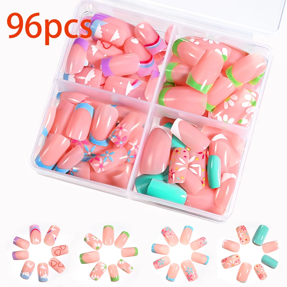 Press On Nails Square Glossy Rainbow Lines False Nail Tips Set_voghion.com