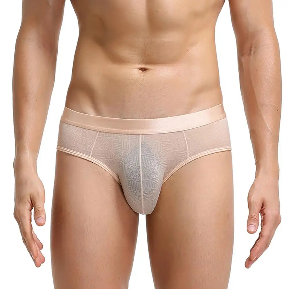 Breathable Ice Silk Men Briefs Mid Waist Mesh Jacquard Stretchy Underwear Underpants Male See Through Panties