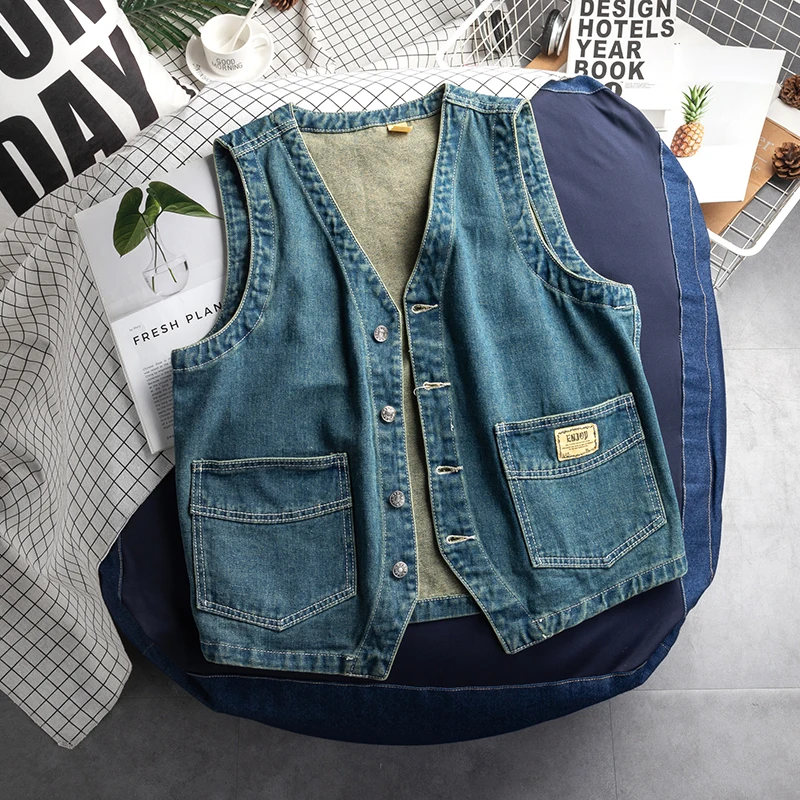 

Amekaji Trendy Men's Denim Vest - Sleeveless Utility Waistcoat Large Pockets Lightweight Loose Fit Streetwear Vintage Jacket