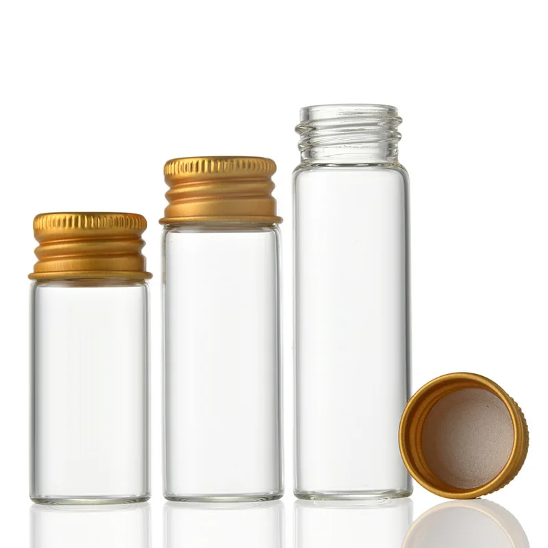 7-30ml Clear Glass Bottle With Aluminium Cap Gold Small Test Tube Candy Spices Storage Travel Empty Refillable Bottles