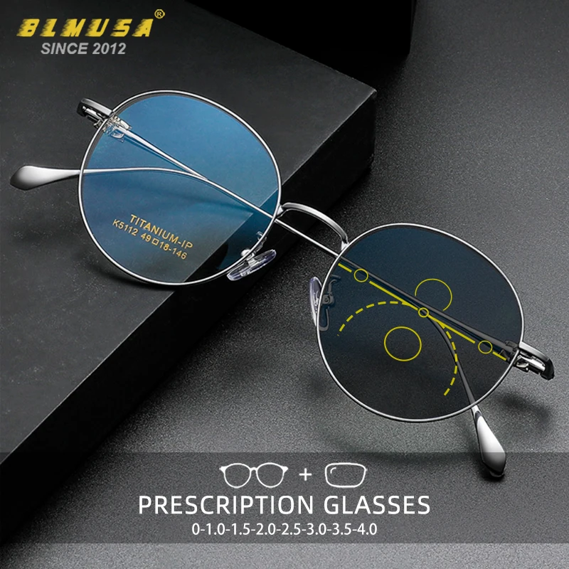 BLMUSA Ultralight Titanium Reading Glasses Men Vintage Round Anti Blue Light Glasses Progressive Photochromic Customized Glasses