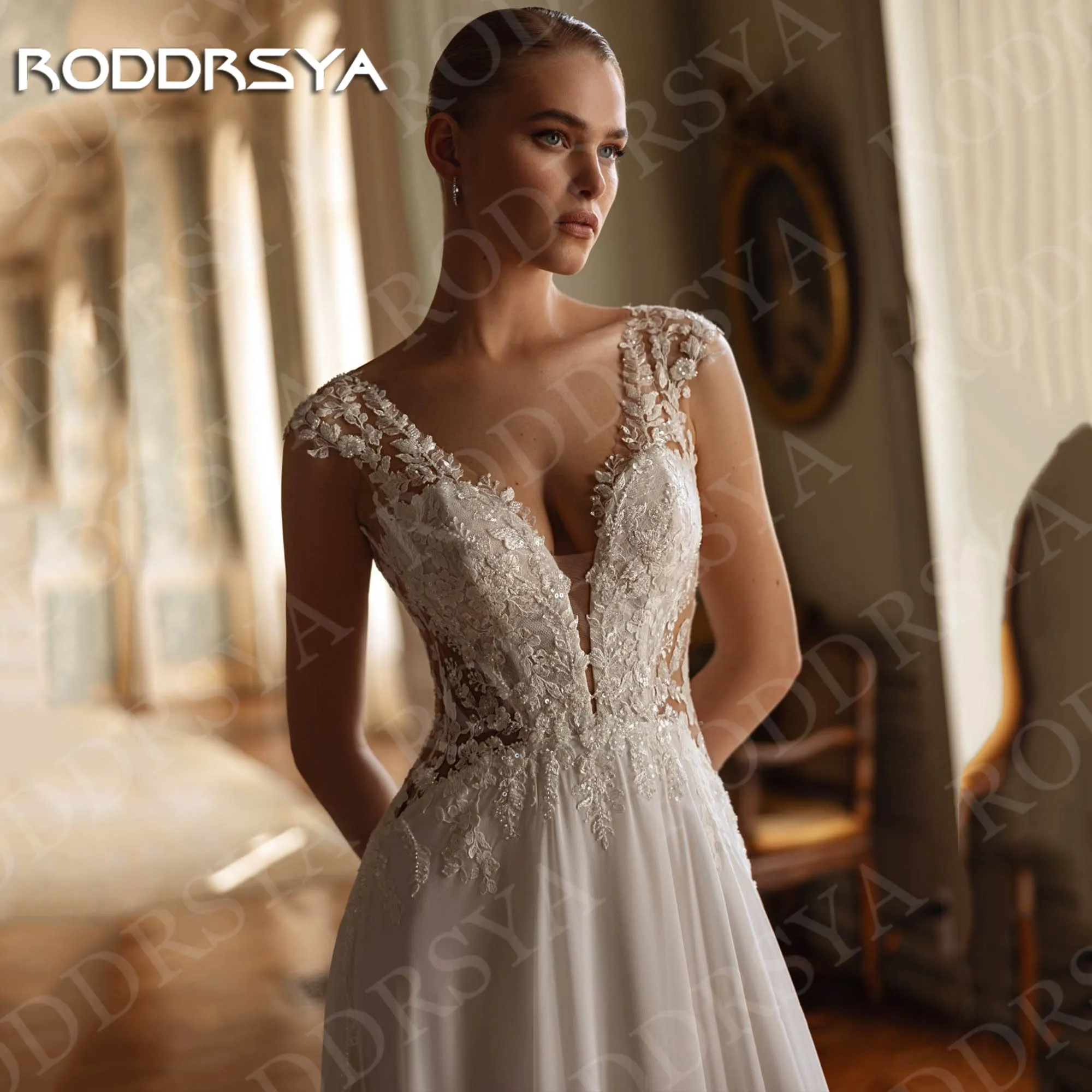 RODDRSYA Abiti da sposa Scollo a V Manica ad aletta Abiti da sposa personalizzati Abito da sposa in chiffon di pizzo bohemien A Line Donna Abiti da sposa V collo Cap manica abiti da sposa personalizzati Bohemian pizzo