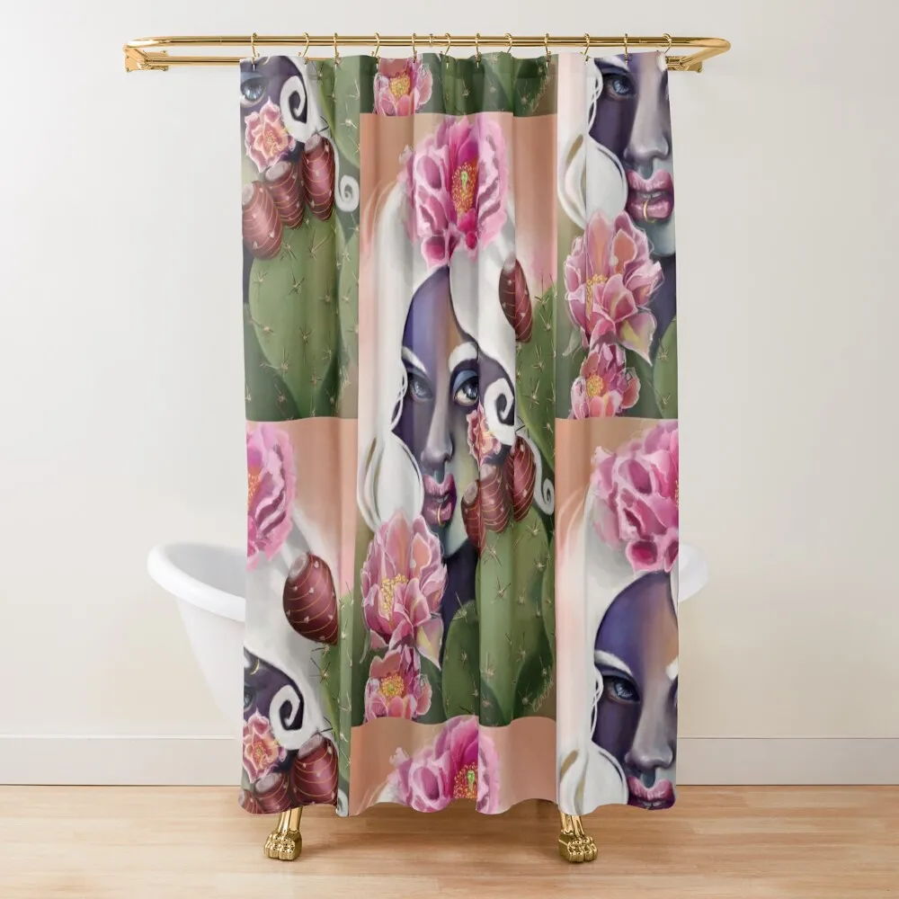 

Opuntia - Prickly Pear Cactus with Flowers and fruit lowbrow art by Ela Steel Shower Curtain For The Bathroom Curtain