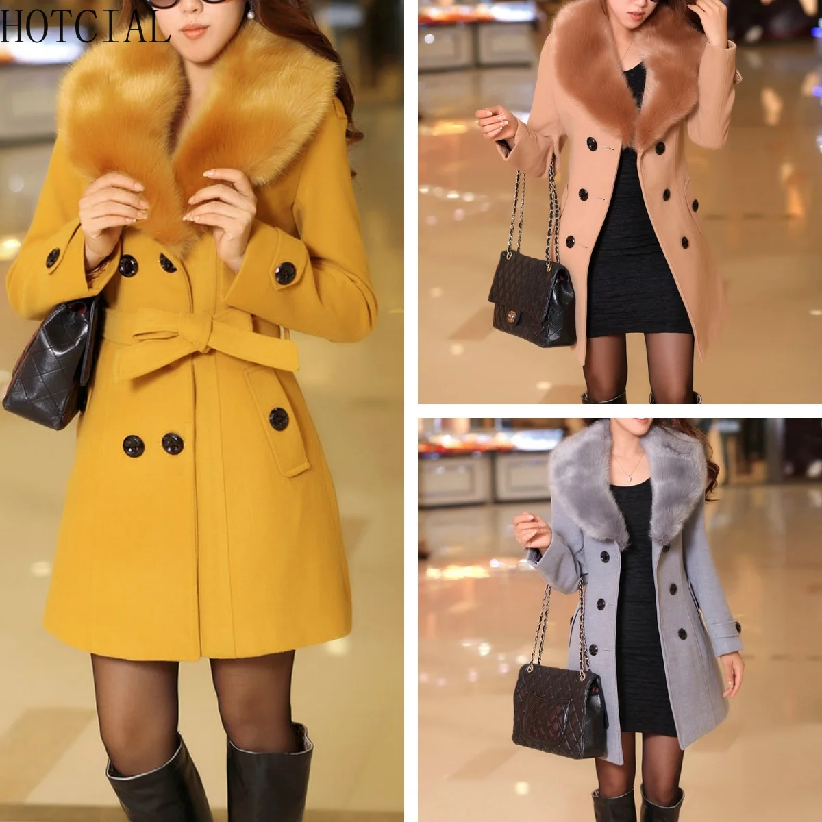HOTCIAL Women's Fur Collar Woolen Coat Autumn Winter Korean Double Breasted Mid Length Warm Outerwear