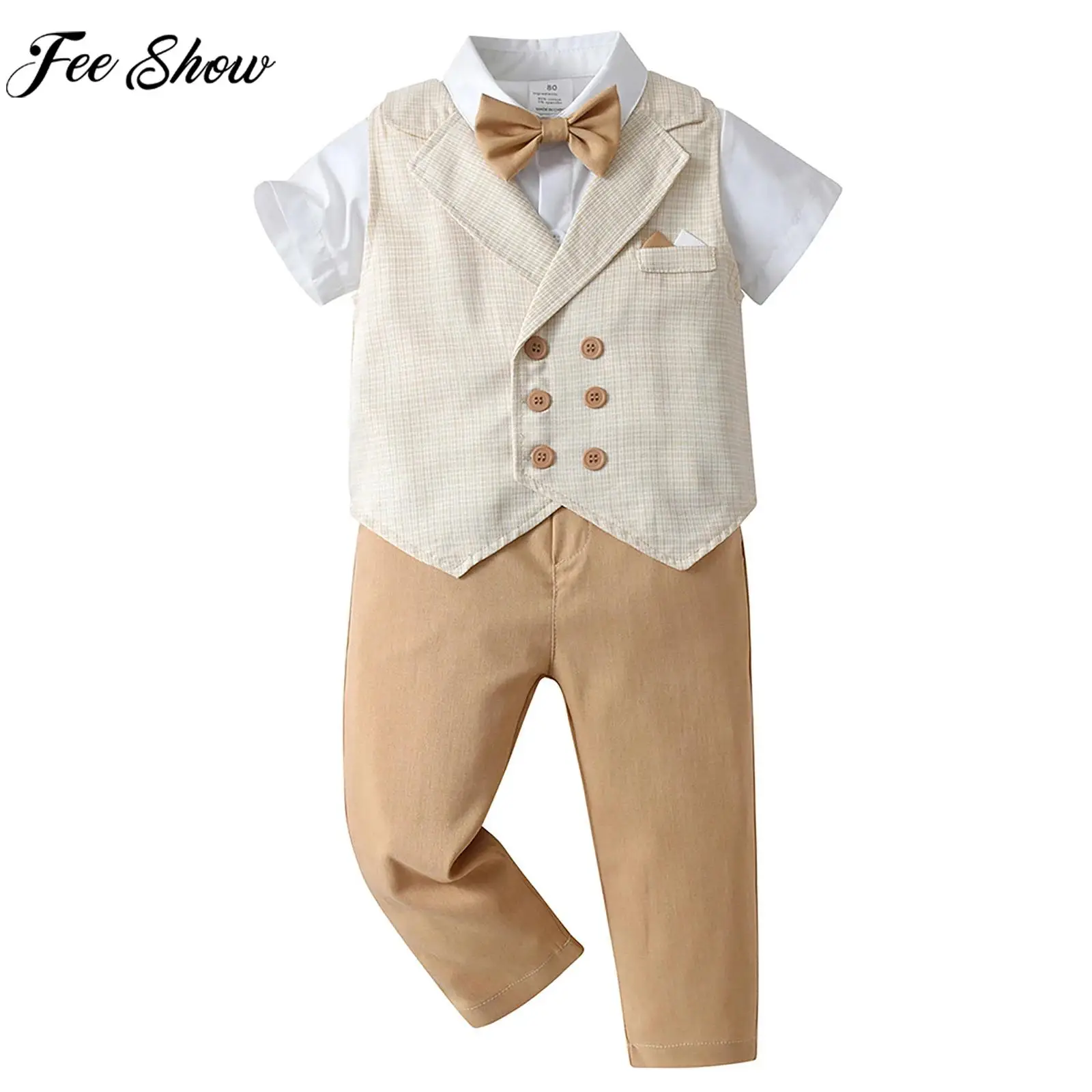 

Children Boy Formal Preppy Style Gentleman Suit Summer Short Sleeve Shirt with Waistcoat Pants for Wedding Birthday Party Prom