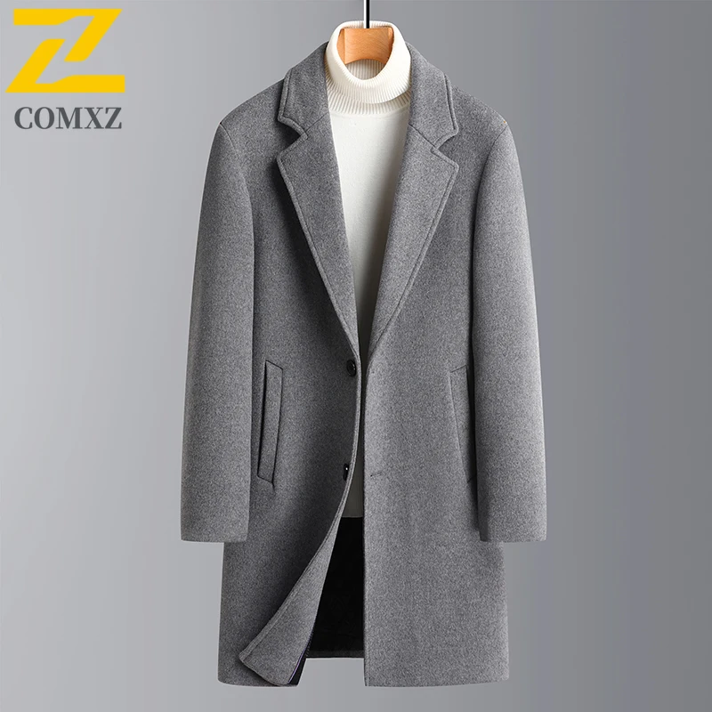 COMXZ Mens Wool Coat Winter High Quality Outdoors Office Thickened Wool Jacket Mid Length Business Casual Solid Color TrenchCoat