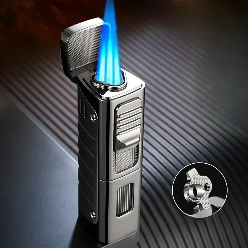 New Metal Windproof Direct Lighter Cigar Blue Flame 3 Jet Torch Gas Butane Cigar Lighters Chamber Smoking Accessories Man Gift