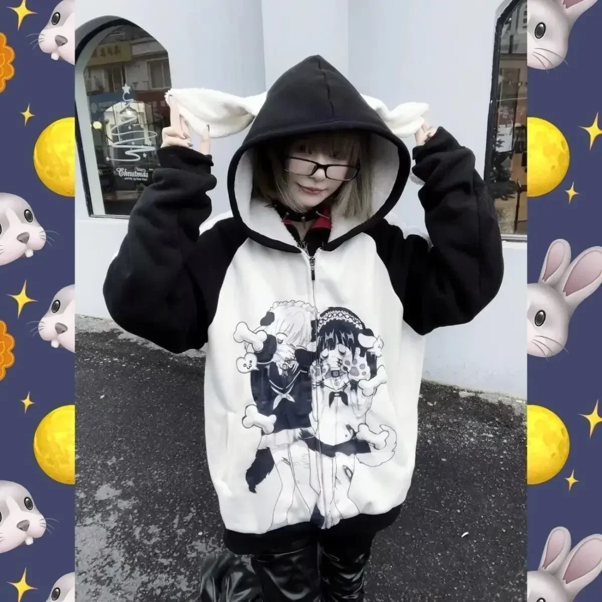 Girls Stitch Coats Woman Clothing Japanese Subculture Hoodie Black White Autumn Winter Woman sweatshirts Kawaii y2k Clothes