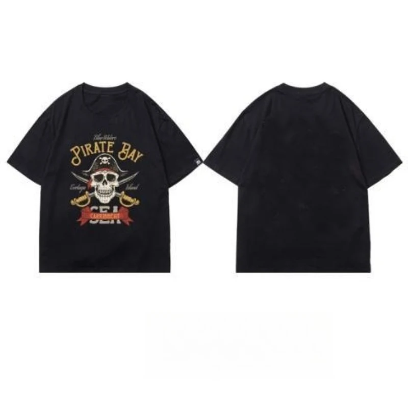 Хлопковая футболка с короткими рукавами в американском темном стиле с мультяшным принтом черепа, пиратский капитан, мужской и женский повседневный универсальный топ