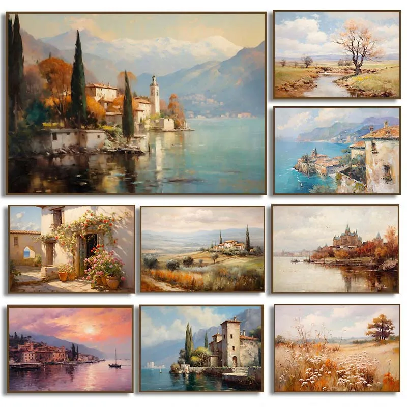 Vintage campo paisaje marino Venecia costera paisaje Neutral lienzo pintura impresa Moody cartel rústico sala de estar decoración del hogar