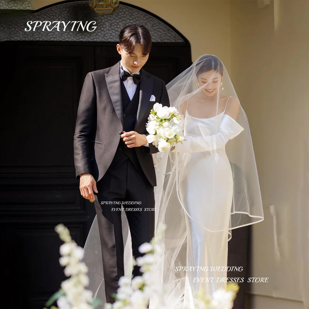 

SPRAYING Simple Off Shoulder Wedding Dress Korea Photoshoot Spaghetti Straps Mermaid Bridal Gown Long Sleeve 웨딩드레스 Custom Made