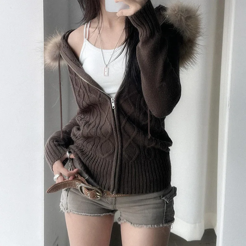 Autumn Winter Zip Up Hoodie Korean Fashion Furry Hooded Knitwear Hoodies Y2k Streetwear Full Sleeve Sweatshirts Goth Jacket Coat