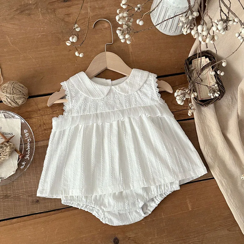 MILANCEL Summer Baby Clothes Set 6-24M Cute Lace Flower Toddler Girls Sleeveless Top+Bloomer sweet Loose Infant Outfit 2PCS