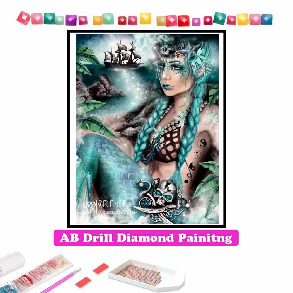 

Mermaid Pirate Ship 5D DIY AB Diamond Painting Embroidery Cross Stitch Mosaic Handicraft Pictures Craft Home Decor Gift