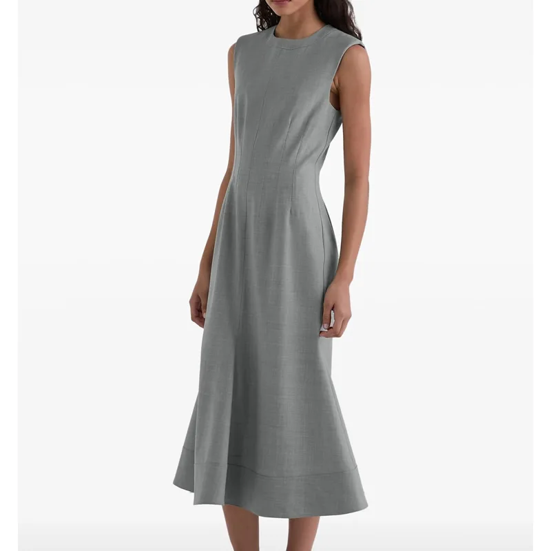

Gray solid dress elegant O-neck A-Line Women dresses