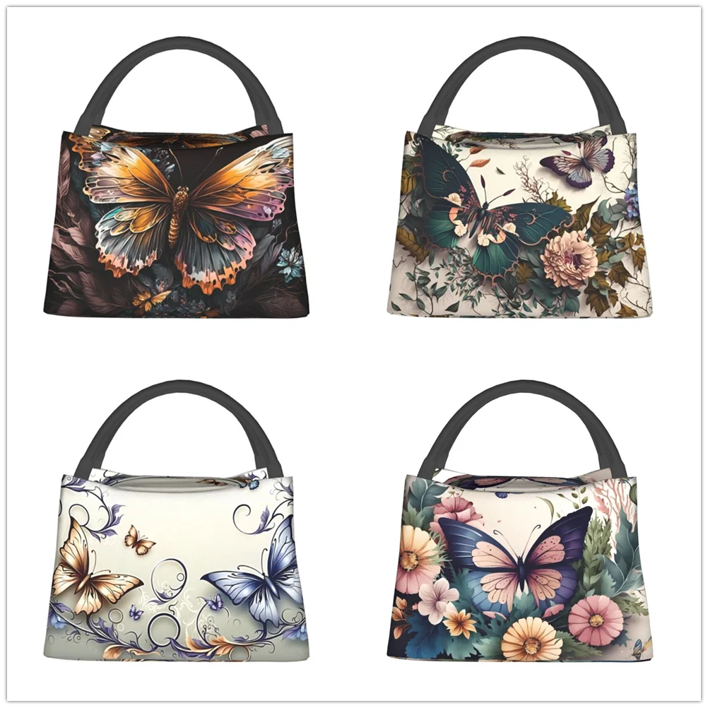 Vintage butterfly flower New Portable Insulation Bag Large Capacity Home Lunch Bags Thickened Waterproof Outdoor Picnic Box