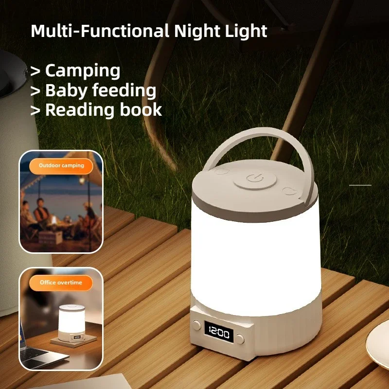 Multi-Functional Night Light Outdoor Camping Light Baby Feeding Eye Protection Table Lamp Rechargeable Desk Lamp with Clock