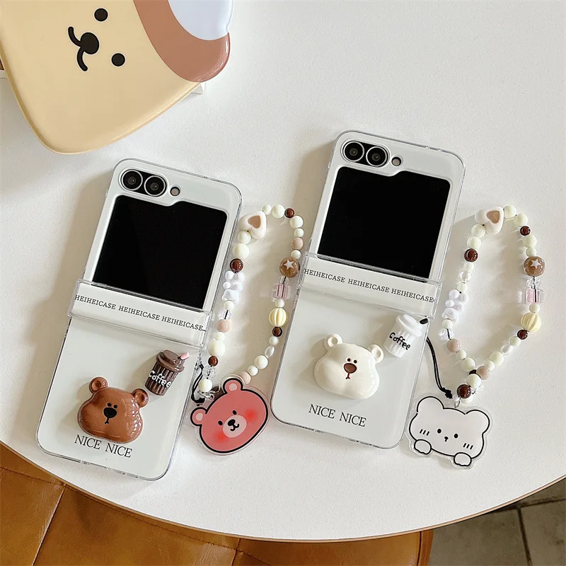 3D Cartoon Bär Kaffee Mit Kette Paar Telefon Fall Für Samsung Galaxy Z Flip 7 6 5 4 3 Z Flip7 FE Zflip6 Stoßfest Hard Cover