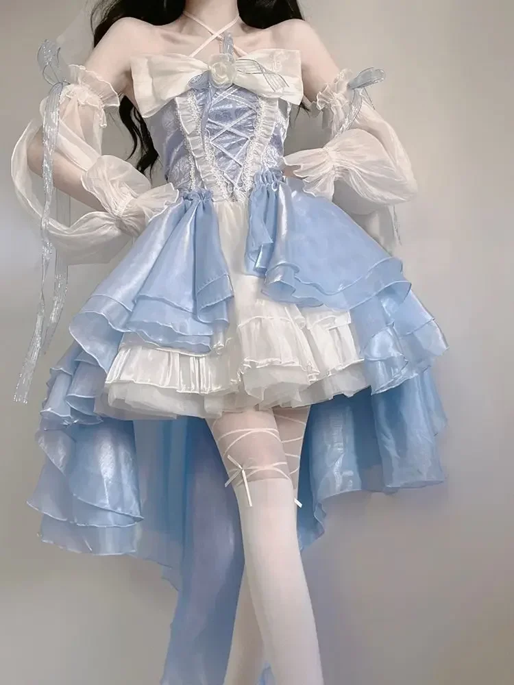 Lolita Op Princesse Manches Bouffantes pour Fille, Robe de Dégradation, Tunique en Maille, Noeud Papillon, Fleur, Ruban, Style Romantique Français, Cosplay Élégant