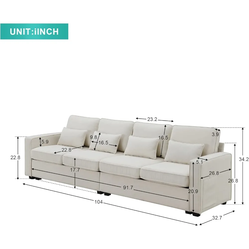 4-Sitzer-Sofa aus modernem Leinenstoff mit Armlehnentaschen und 4 Kissen, Couch im minimalistischen Stil für Wohnzimmer, Wohnung, Büro